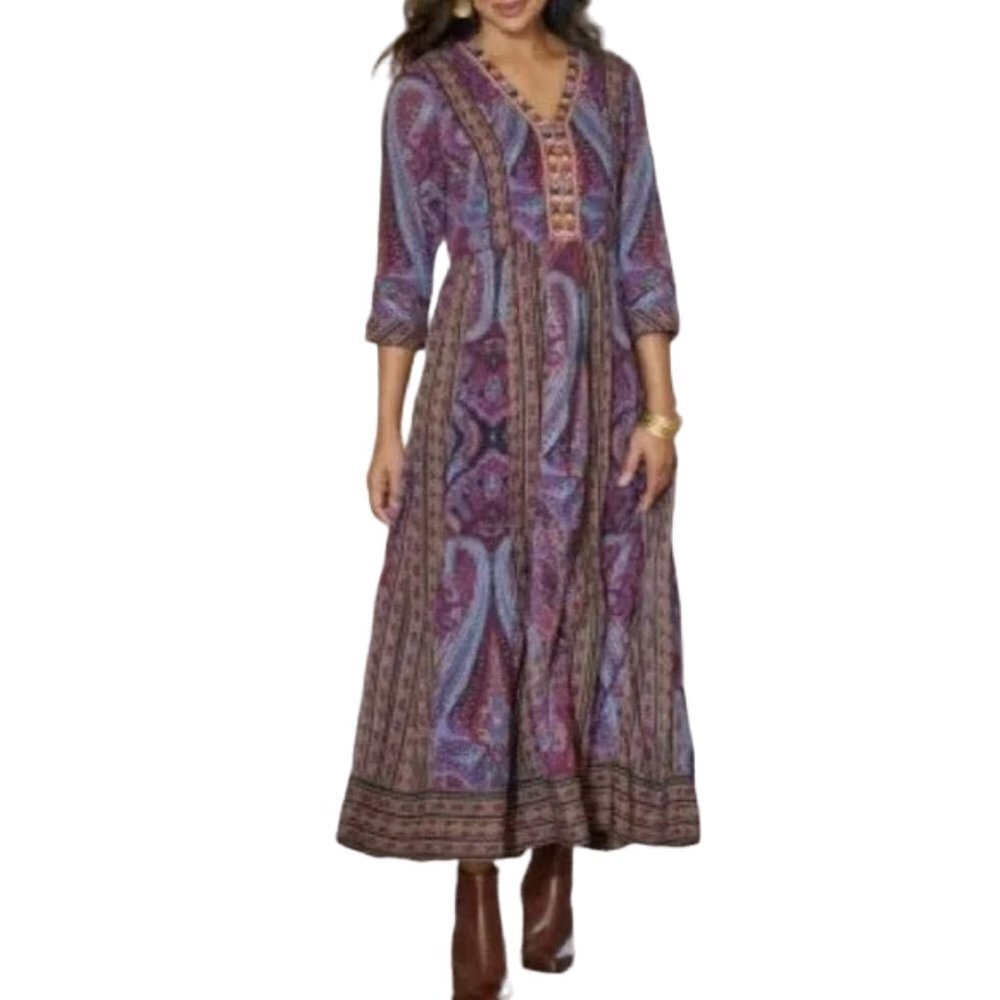 Soft Surroundings Mira Purple Paisley Hand Beaded Embroidered Dress Size Medium - Picture 9 of 12